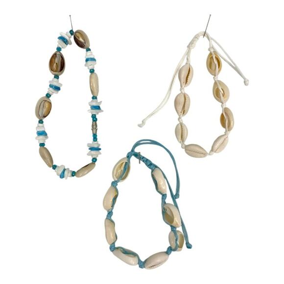 Set of 3 Cowrie Shell Bracelets Blue White - Picture 2 of 3